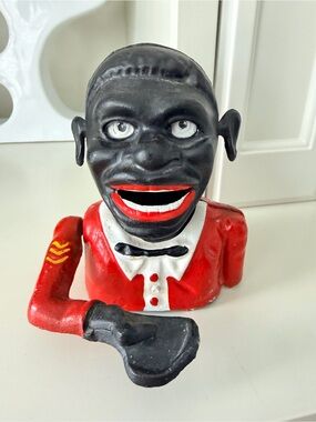 Antique Vintage Jolly Man Cast Iron Money Box Bank Little Joe Coin Eater Decor